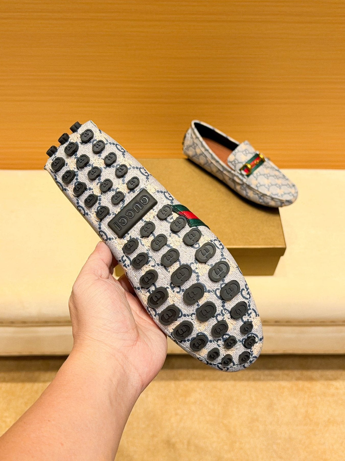 Gucci Patterned Web Driving Loafers — detail