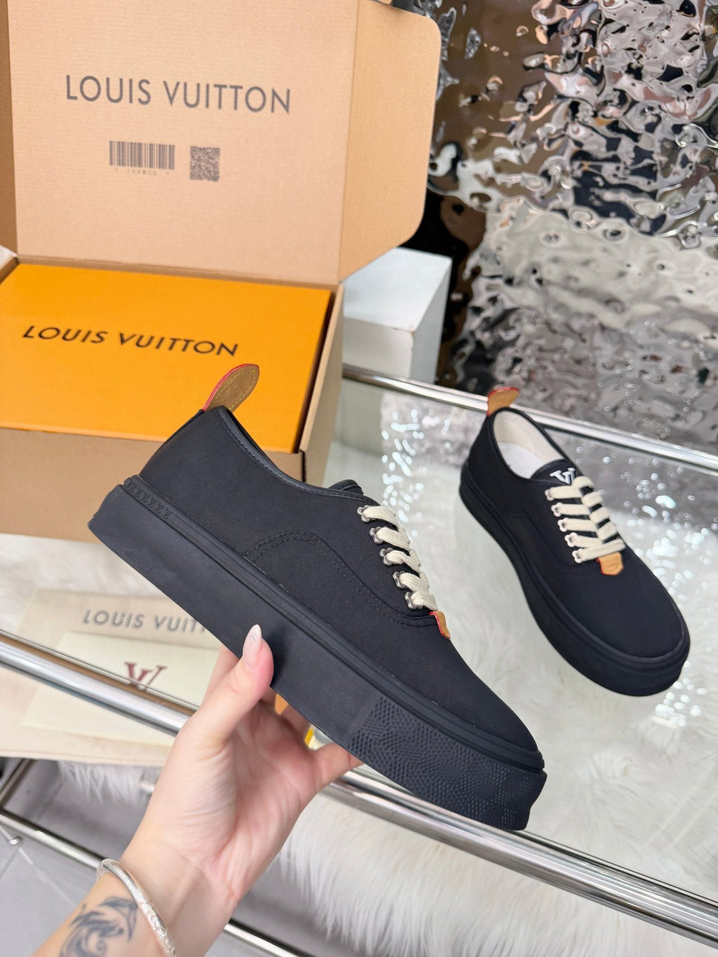 Louis Vuitton Black White-Lace Low-Top Sneakers — front