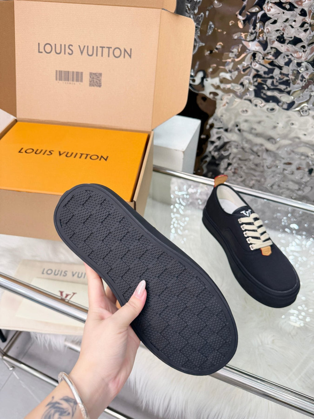 Louis Vuitton Black White-Lace Low-Top Sneakers — side