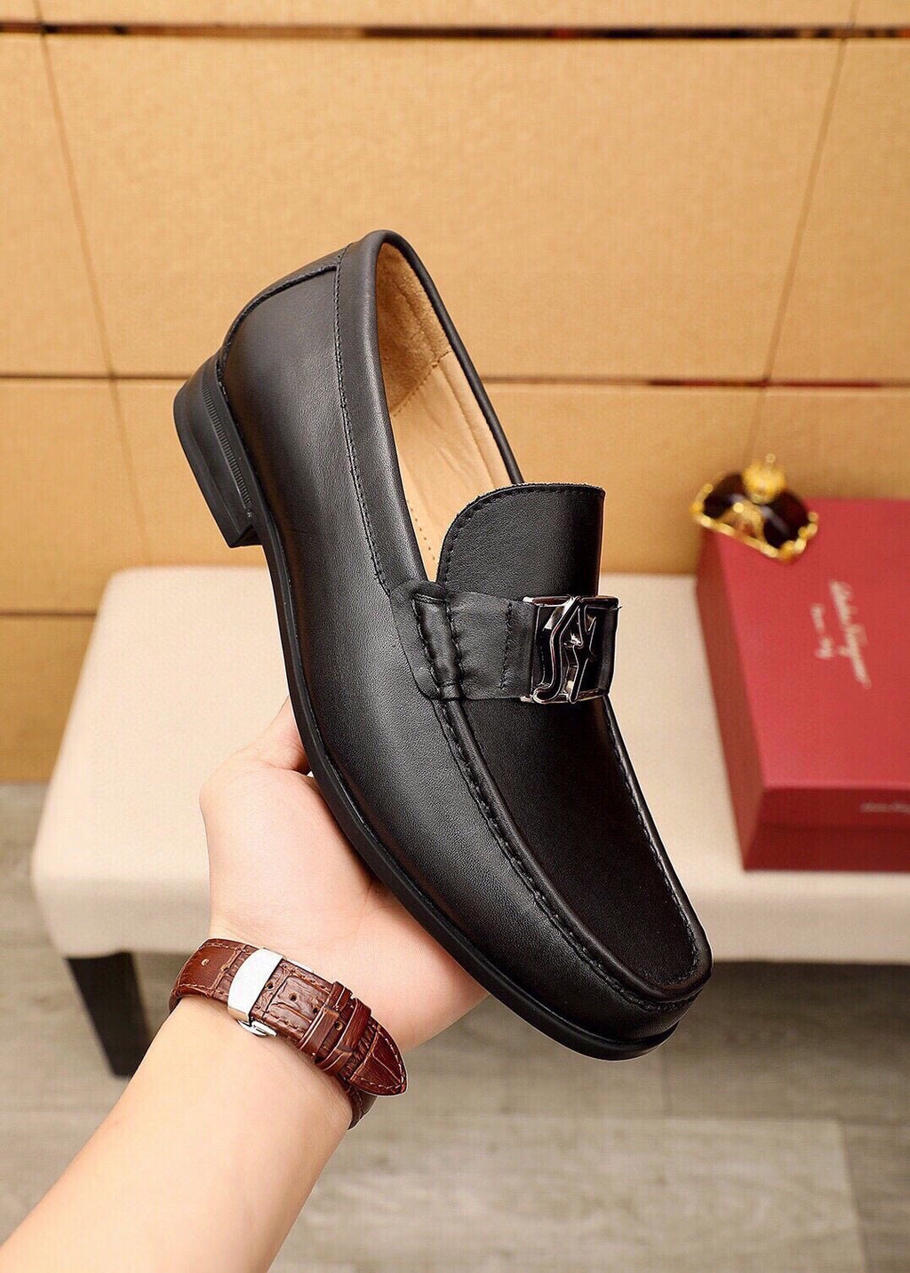Ferragamo Black Metal Hardware Loafers — model