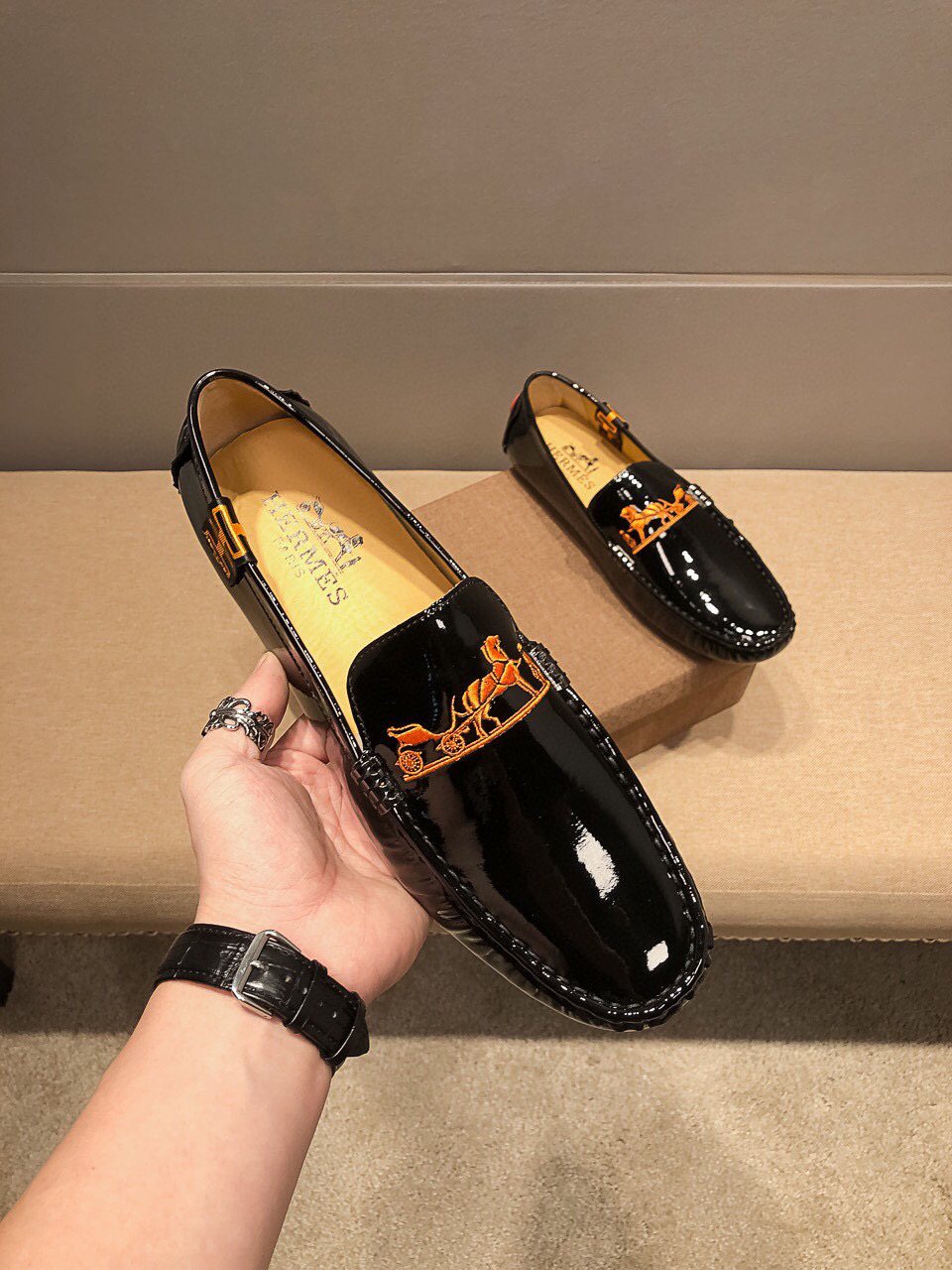 Hermès Black Glossy Hardware Loafers — front