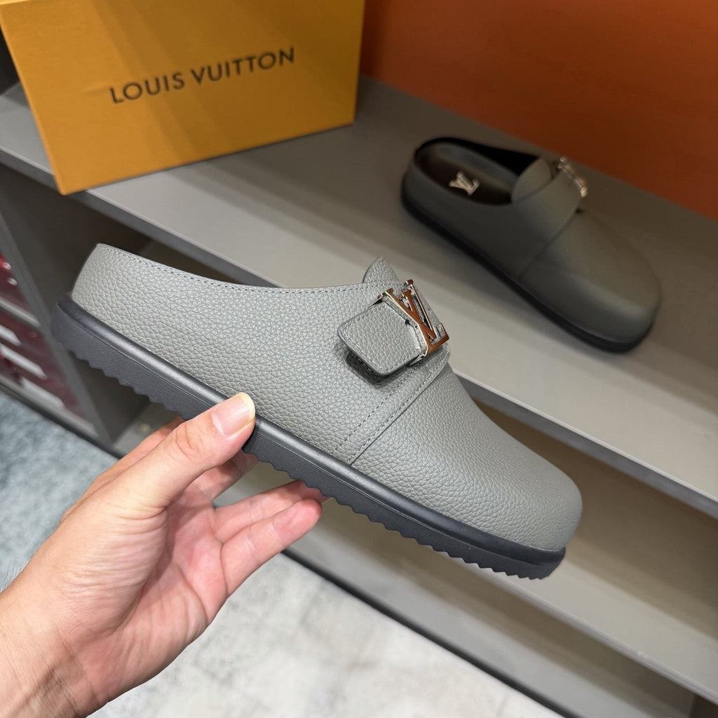 Louis Vuitton Light Gray Monogram Slip-On Sandals — side
