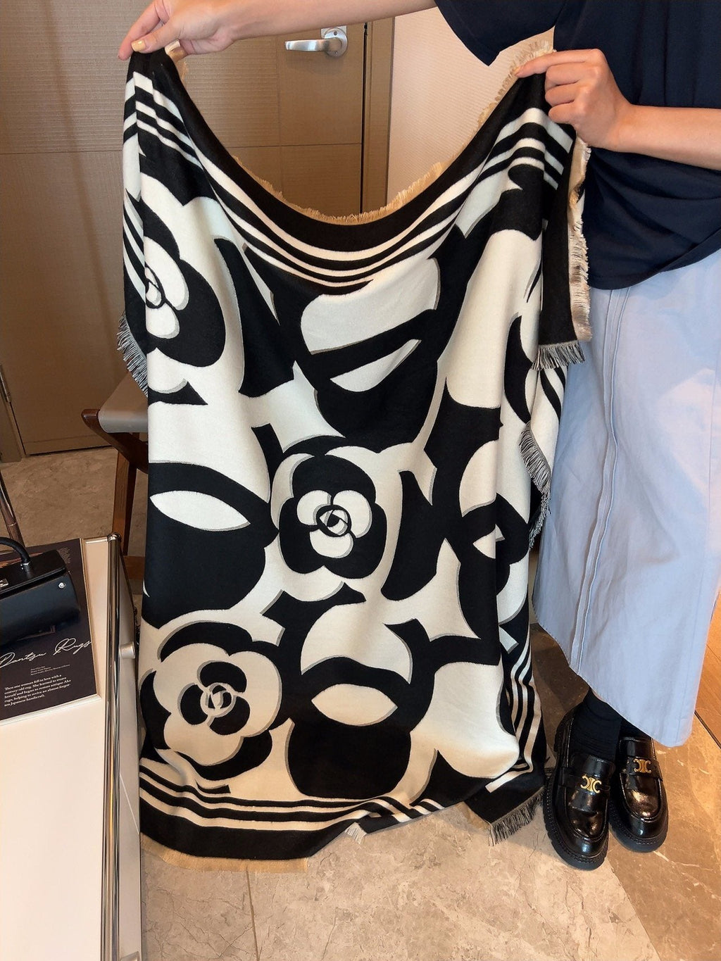 Chanel Black & Ivory Floral Scarf — front