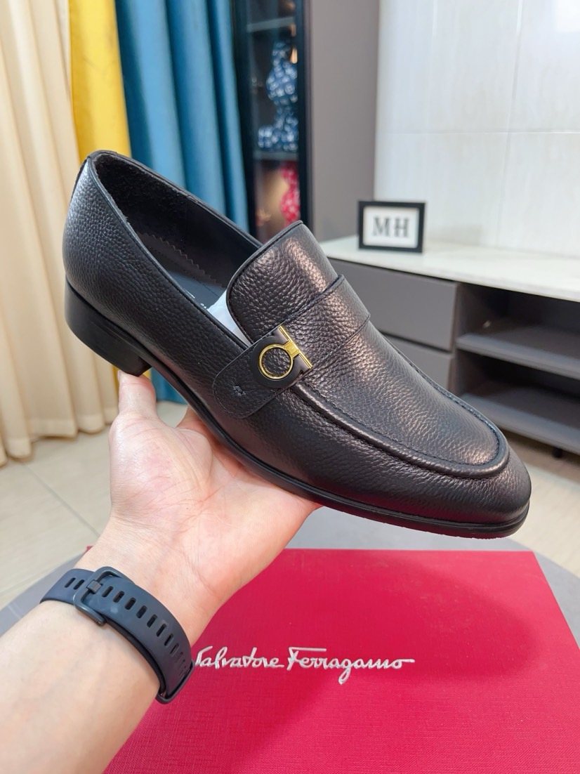 Salvatore Ferragamo Dark Brown Pebble-Textured Loafers — model