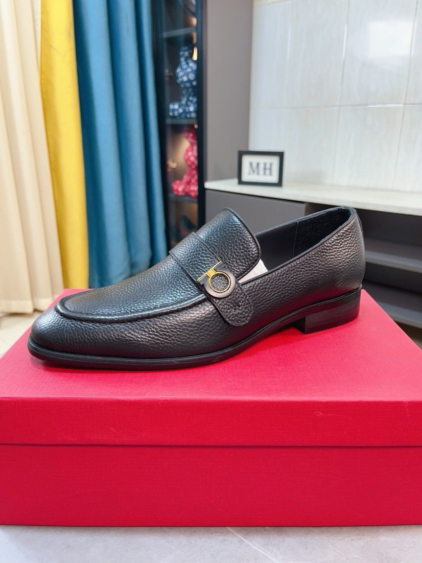 Salvatore Ferragamo Dark Brown Pebble-Textured Loafers — hero