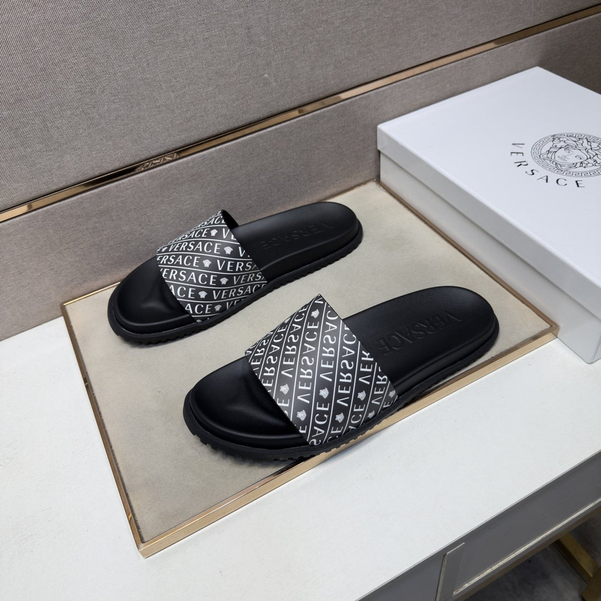 Versace Silver Logo Slide Sandals — front