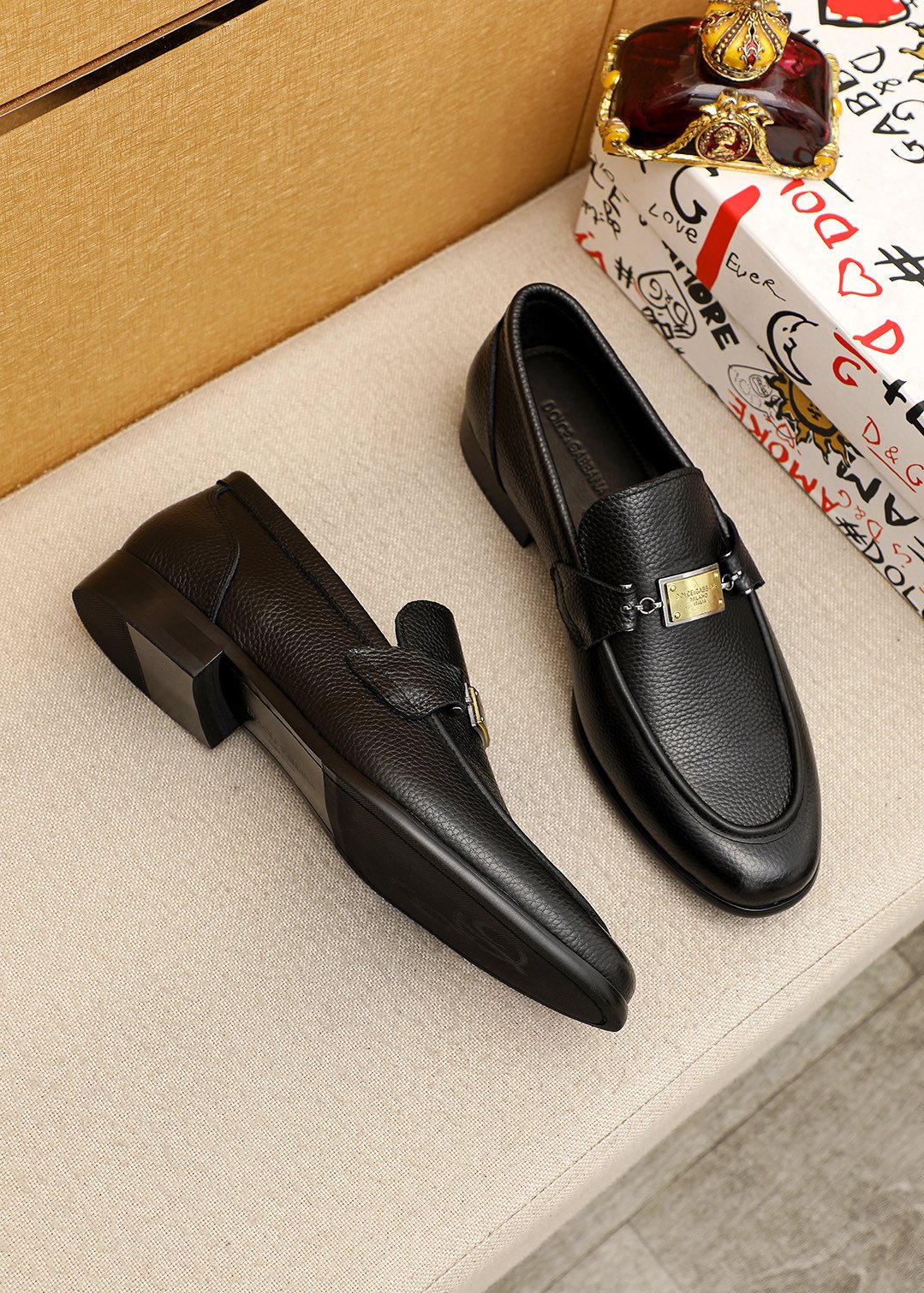 Men’s Black Gold-Tone Buckle Loafers — front