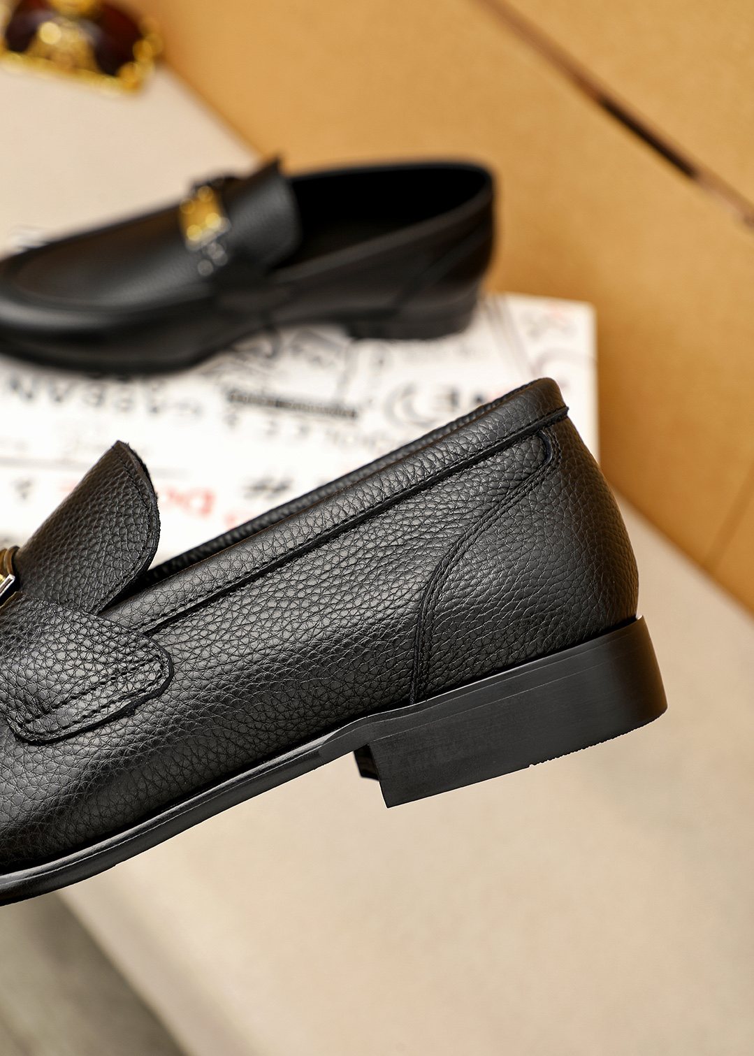 Men’s Black Gold-Tone Buckle Loafers — detail