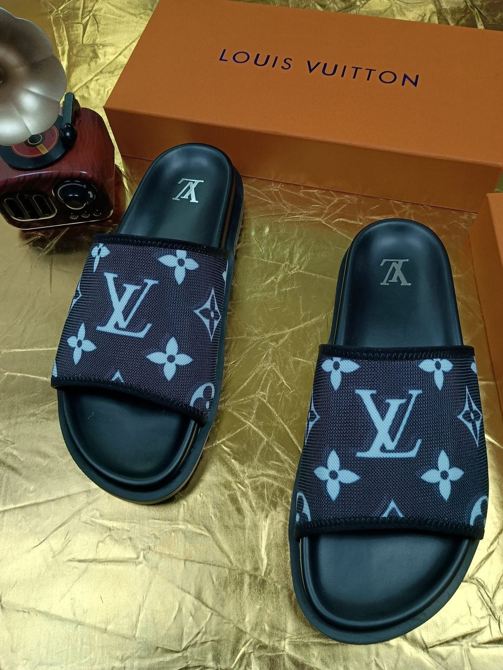 Louis Vuitton Navy Monogram Slide Sandals — front