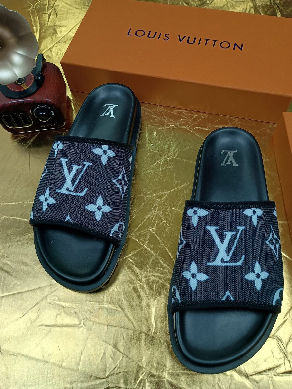 Louis Vuitton Navy Monogram Slide Sandals — front