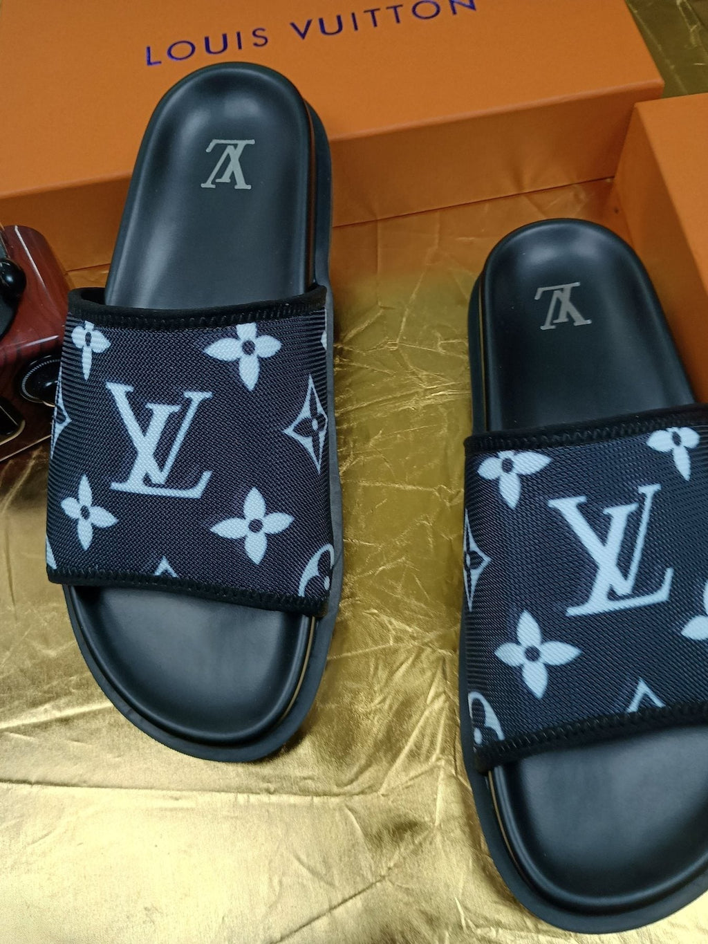 Louis Vuitton Navy Monogram Slide Sandals — front