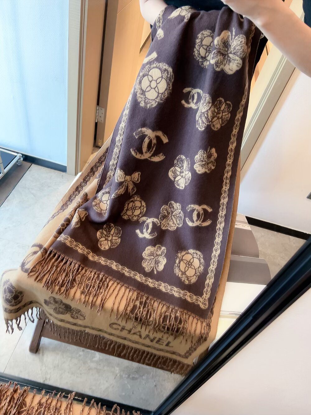 Chanel Fringed Patterned Scarf — front