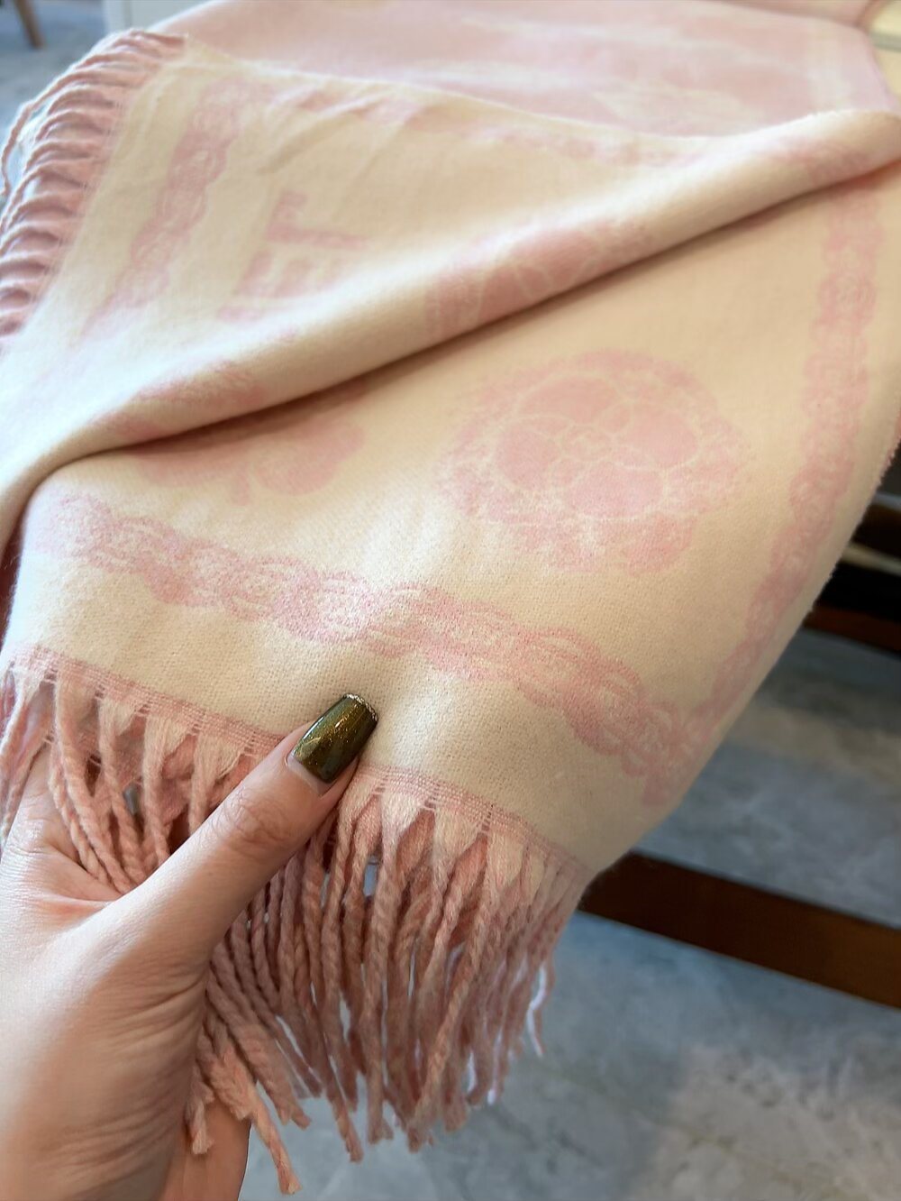 Chanel Fringed Patterned Scarf — detail