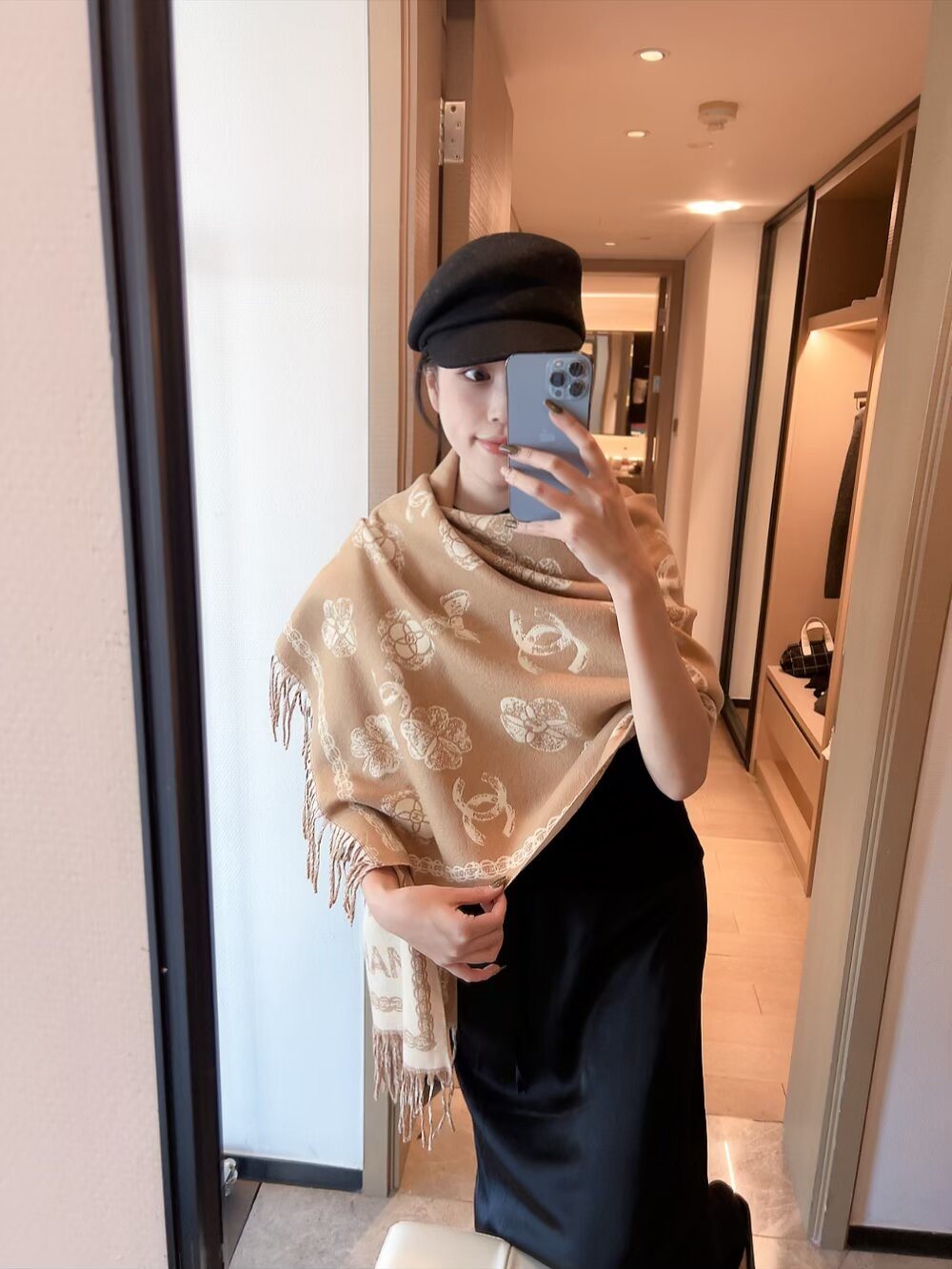 Chanel Fringed Patterned Scarf — model