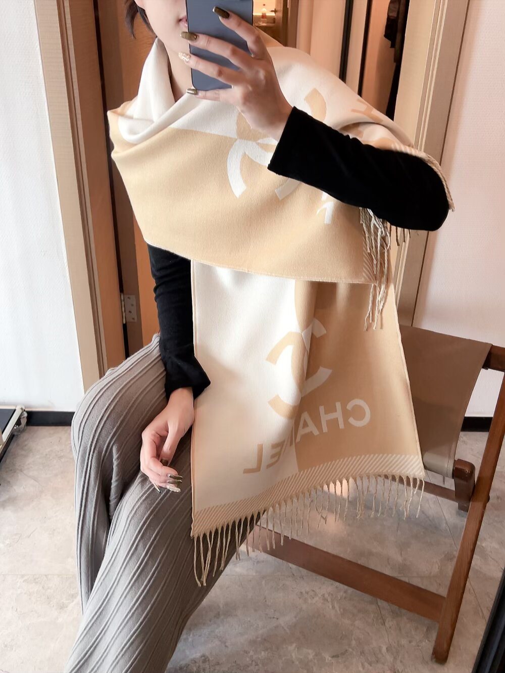 Chanel Color-Block Fringed Scarf — model