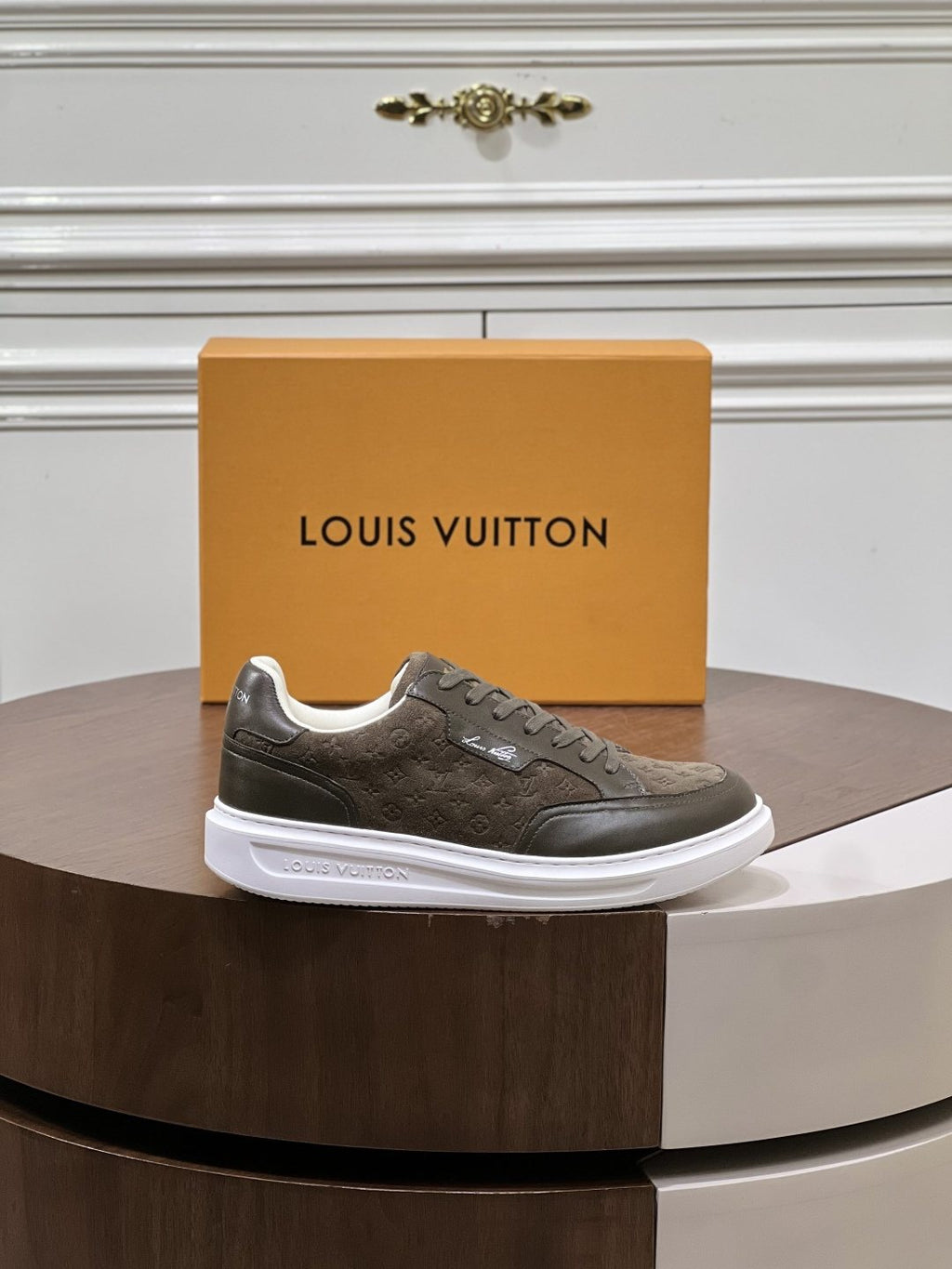 Louis Vuitton Olive Brown Patterned Low-Top Sneakers — side