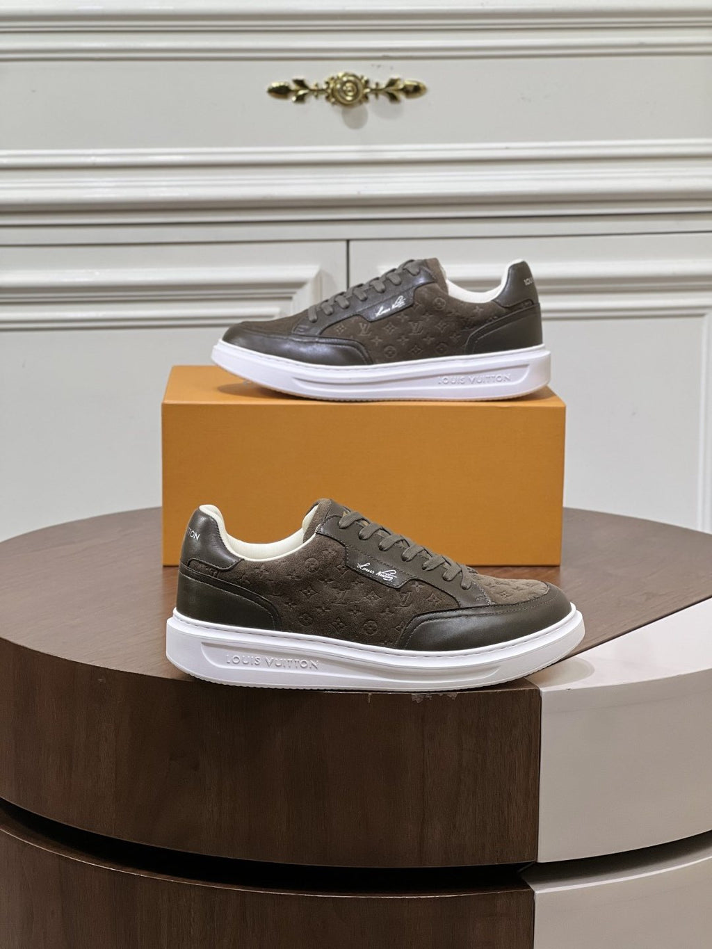 Louis Vuitton Olive Brown Patterned Low-Top Sneakers — side