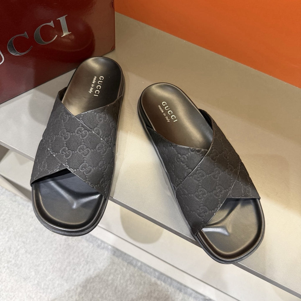 Gucci Black Crisscross Strap Slide Sandals — front