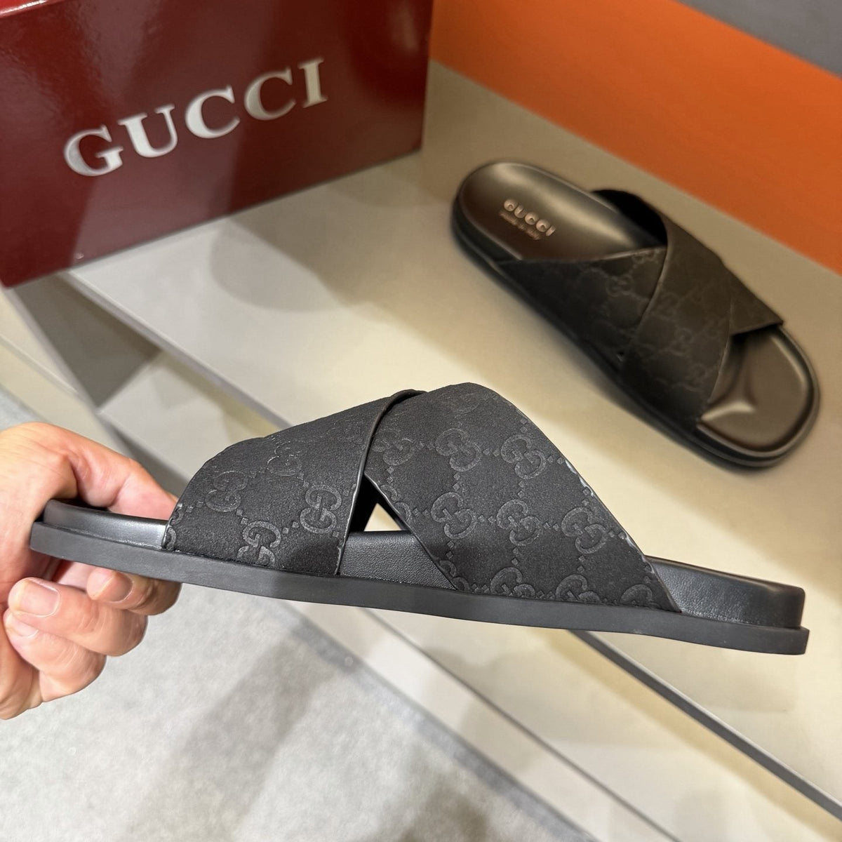 Gucci Black Crisscross Strap Slide Sandals — side