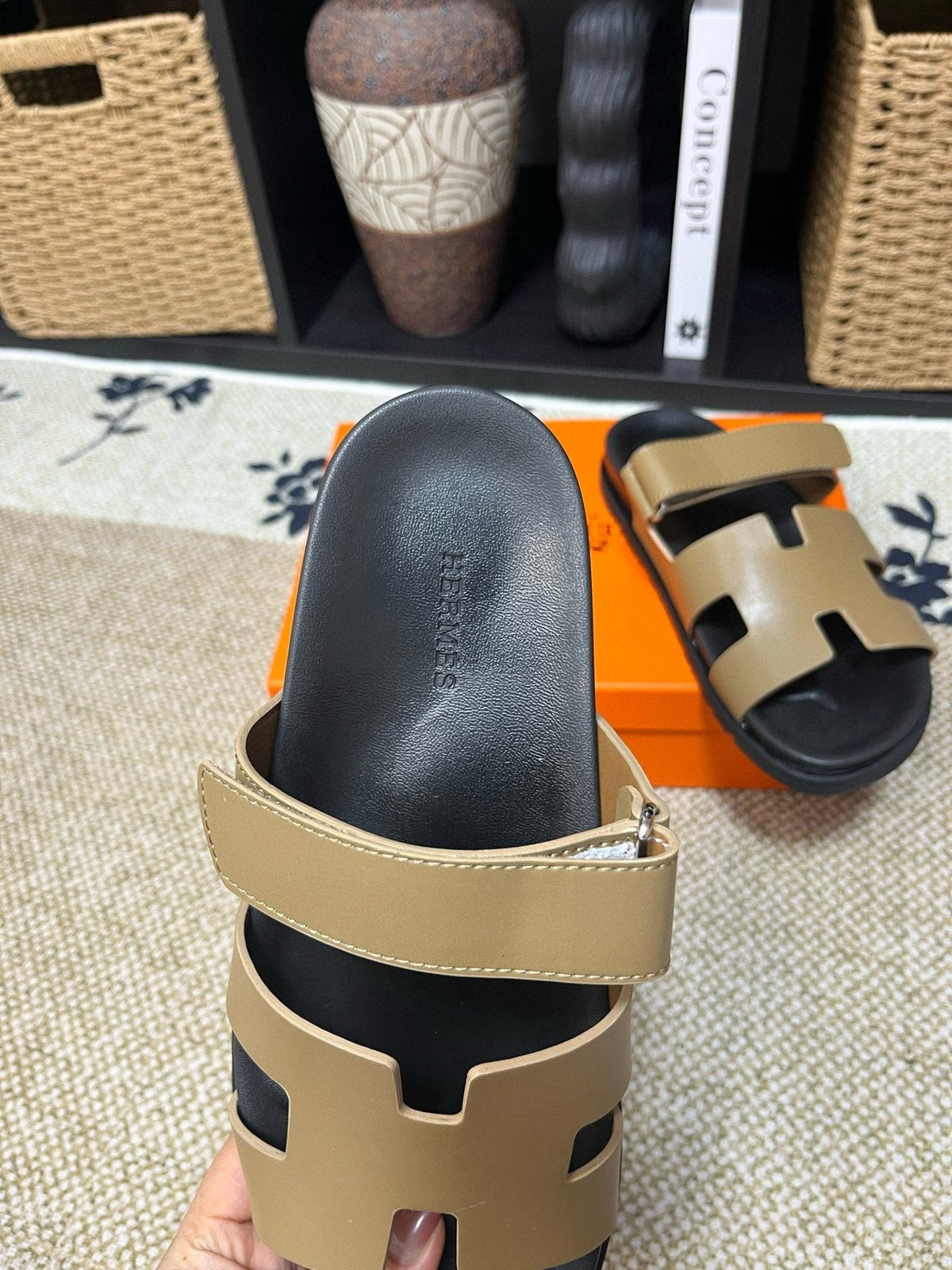 Hermes Kazimir Tan and Black Slide Sandals — front