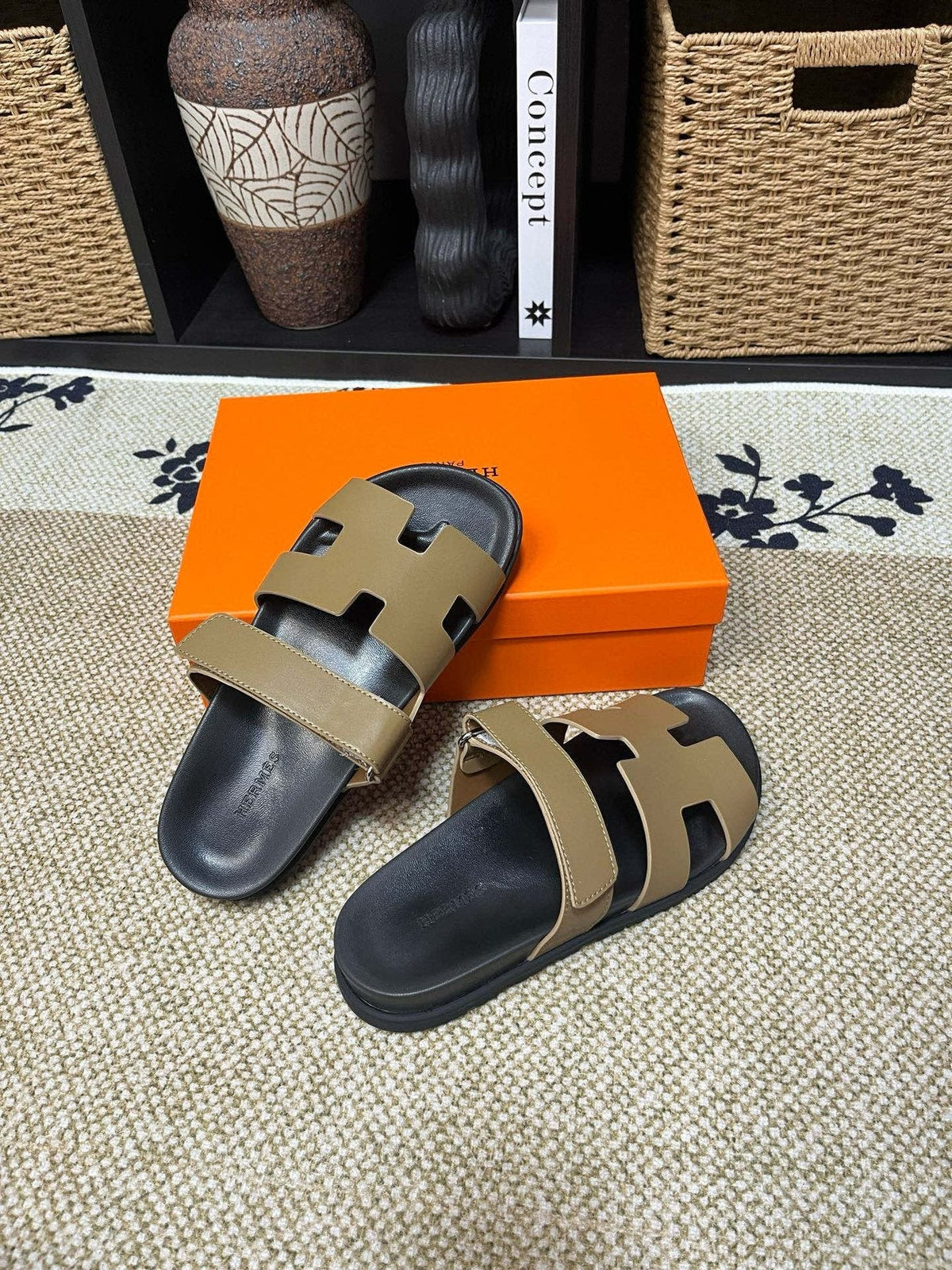 Hermes Kazimir Tan and Black Slide Sandals — front