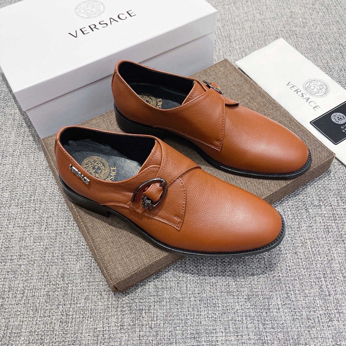 Versace Tan Brown Metal Detail Slip-On Shoes — front