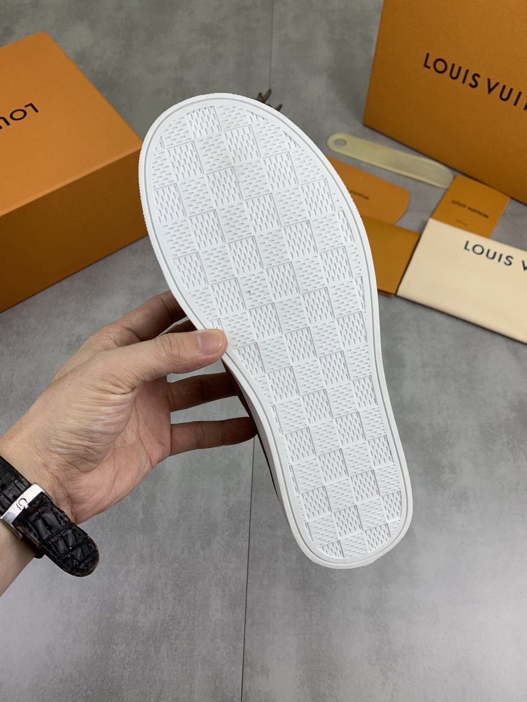 Louis Vuitton Tan Monogram Slip-On Shoes — detail