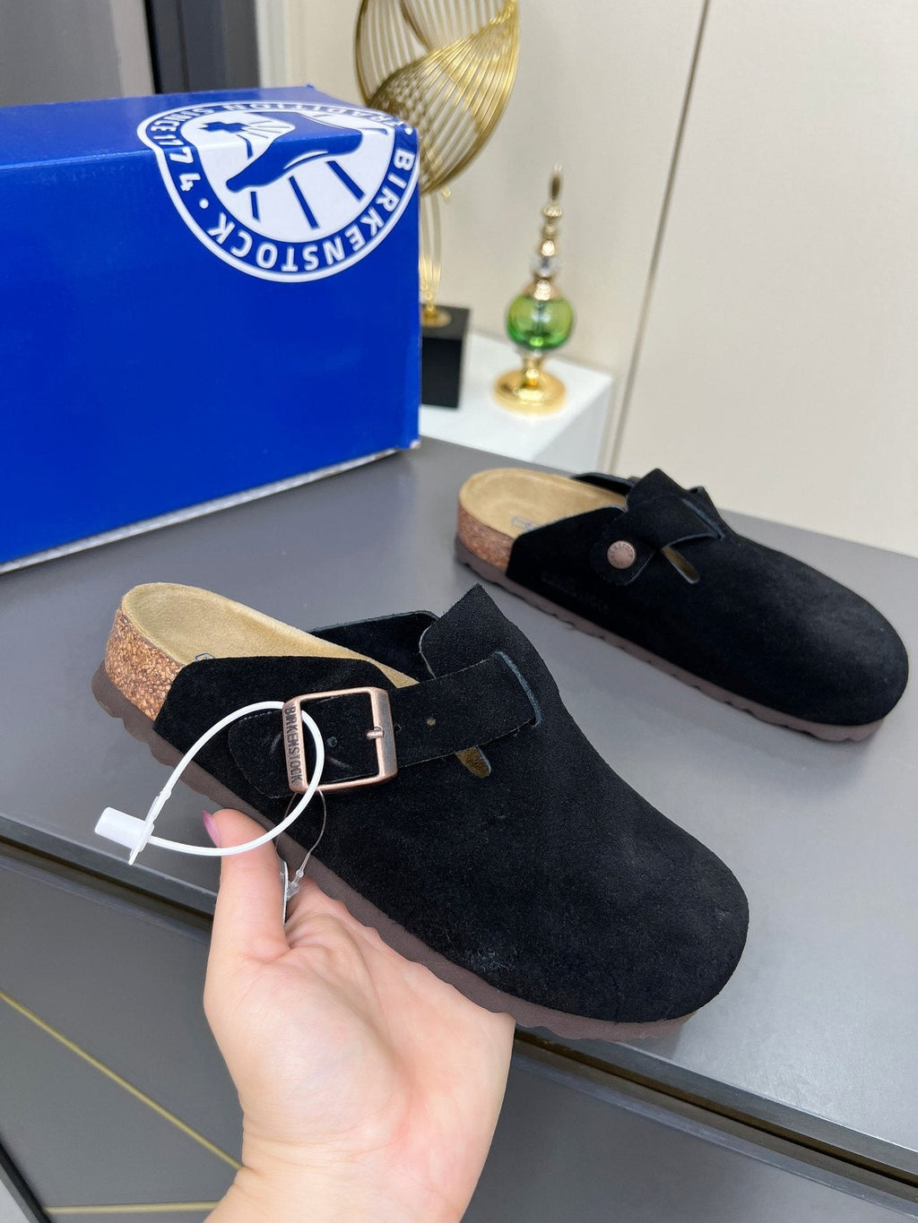 Birkenstock Black Suede Buckle Mule Clogs — side