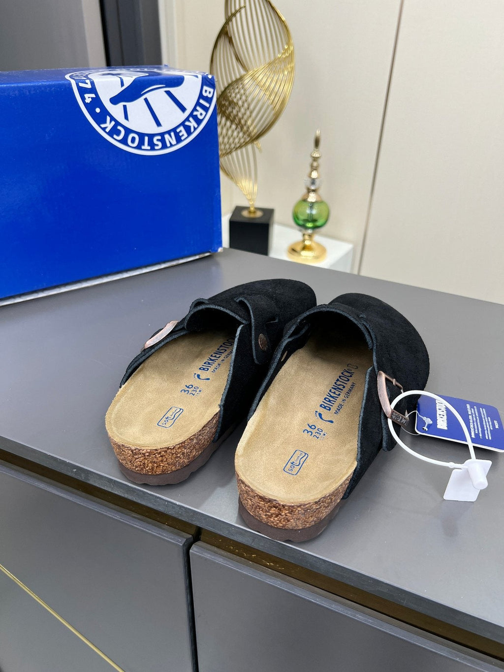 Birkenstock Black Suede Buckle Mule Clogs — detail