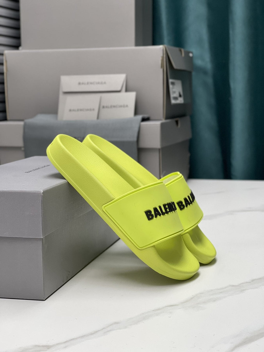 Balenciaga Neon Yellow-Green Slide Sandals — side