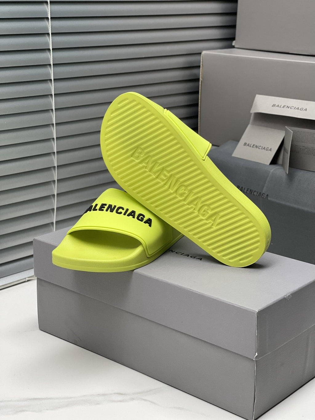 Balenciaga Neon Yellow-Green Slide Sandals — back