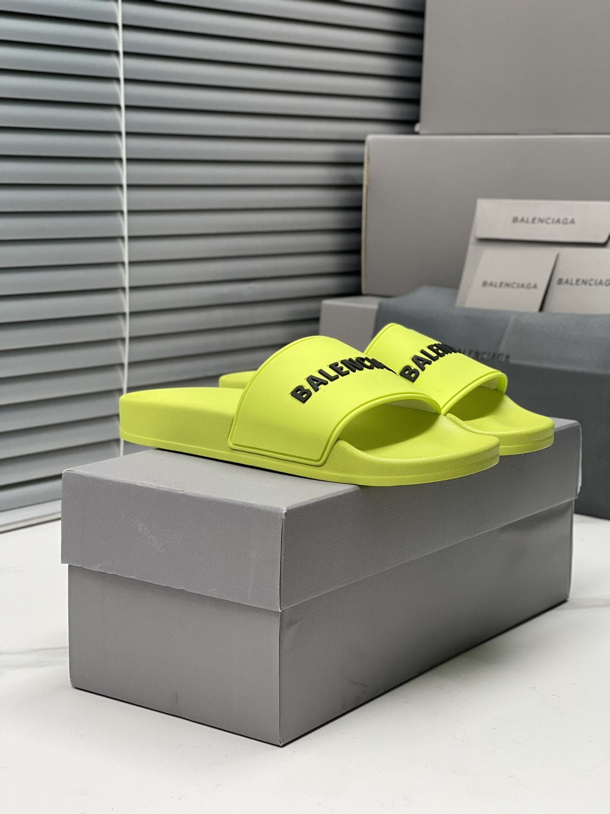 Balenciaga Neon Yellow-Green Slide Sandals — front
