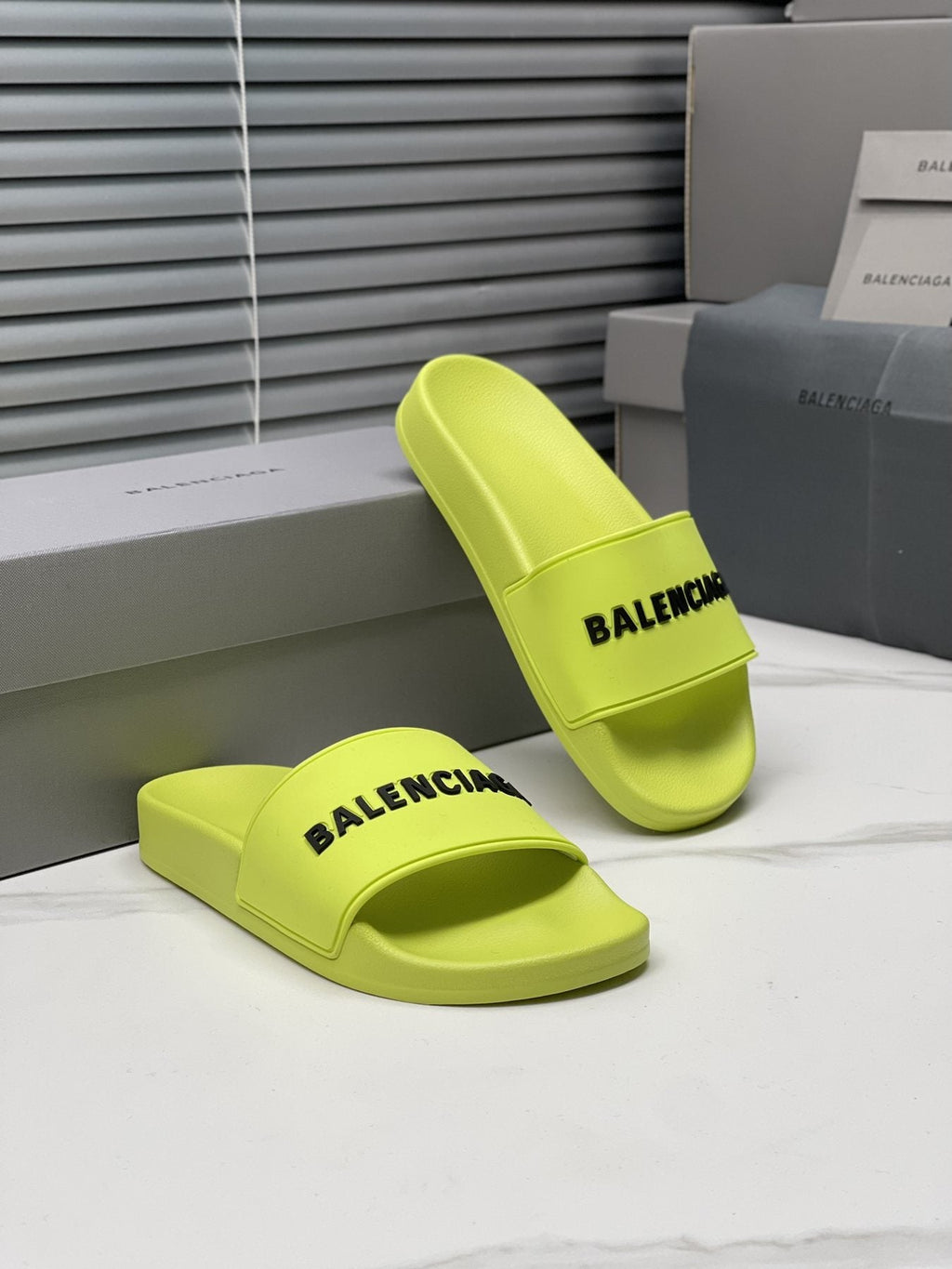 Balenciaga Neon Yellow-Green Slide Sandals — front