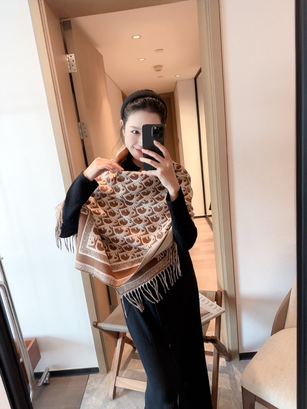 Dior Patterned Fringe Scarf — model