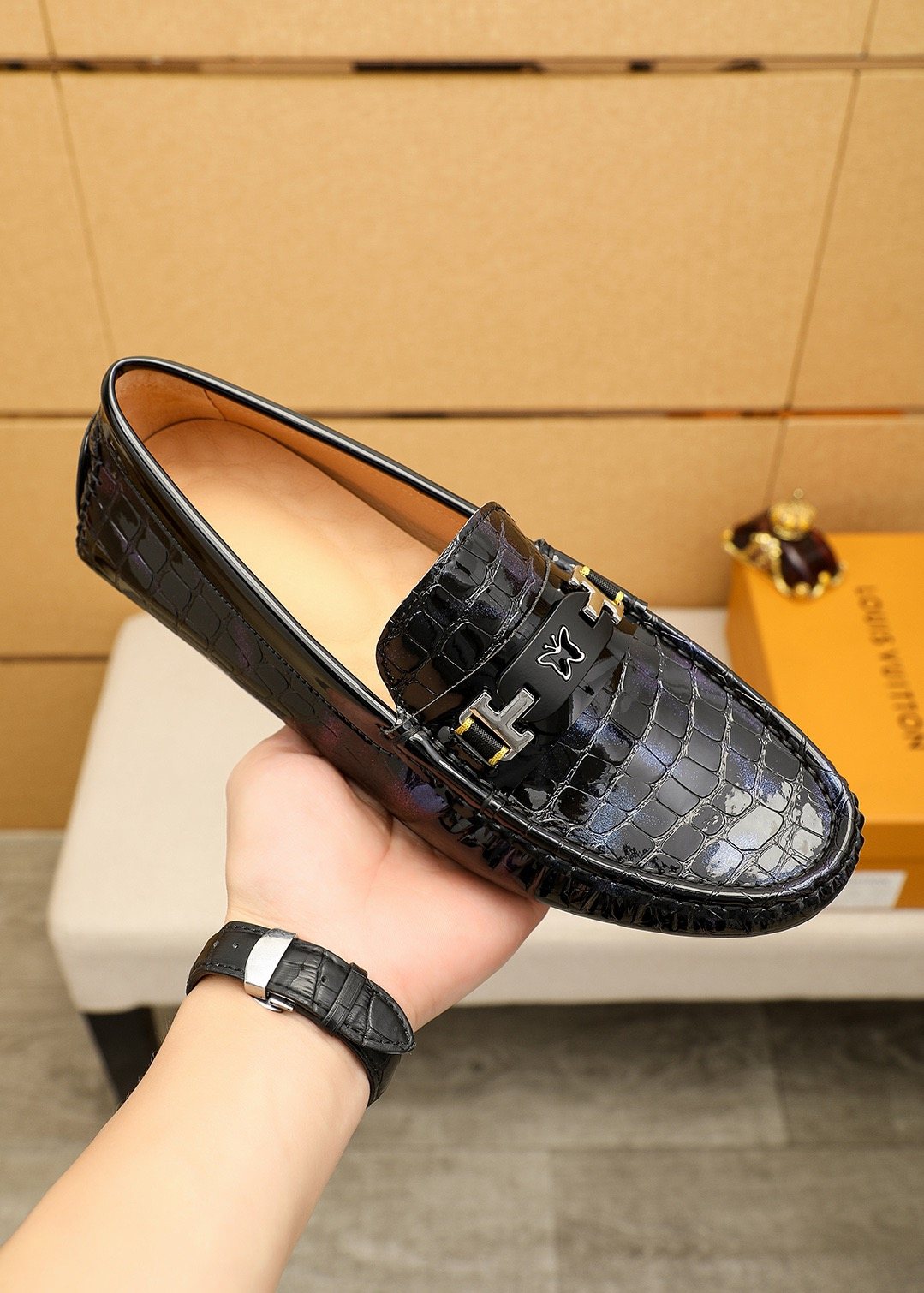 Louis Vuitton Black Embossed Loafers — model