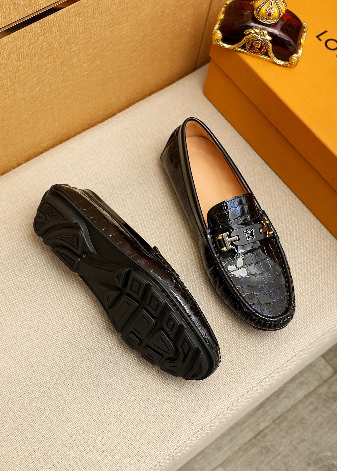 Louis Vuitton Black Embossed Loafers — side