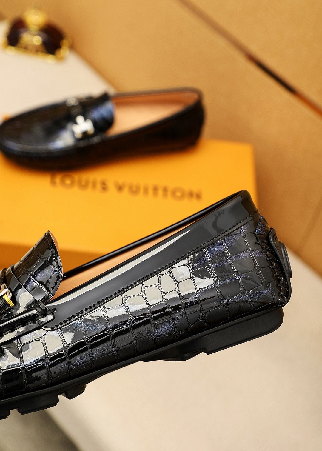 Louis Vuitton Black Embossed Loafers — detail