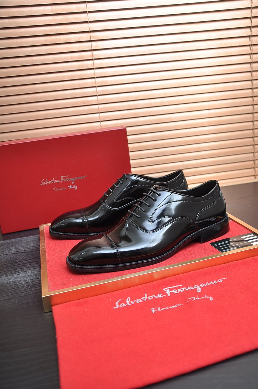 Salvatore Ferragamo Black Cap-Toe Lace-Up Dress Shoes — front