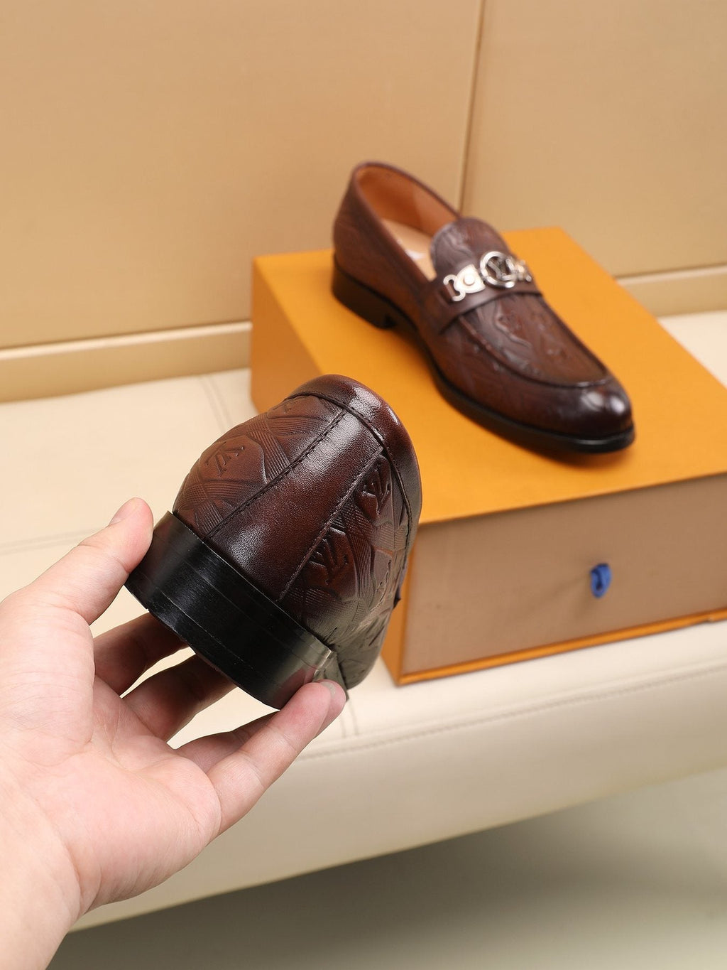 Louis Vuitton Dark Brown Embossed Loafers — back