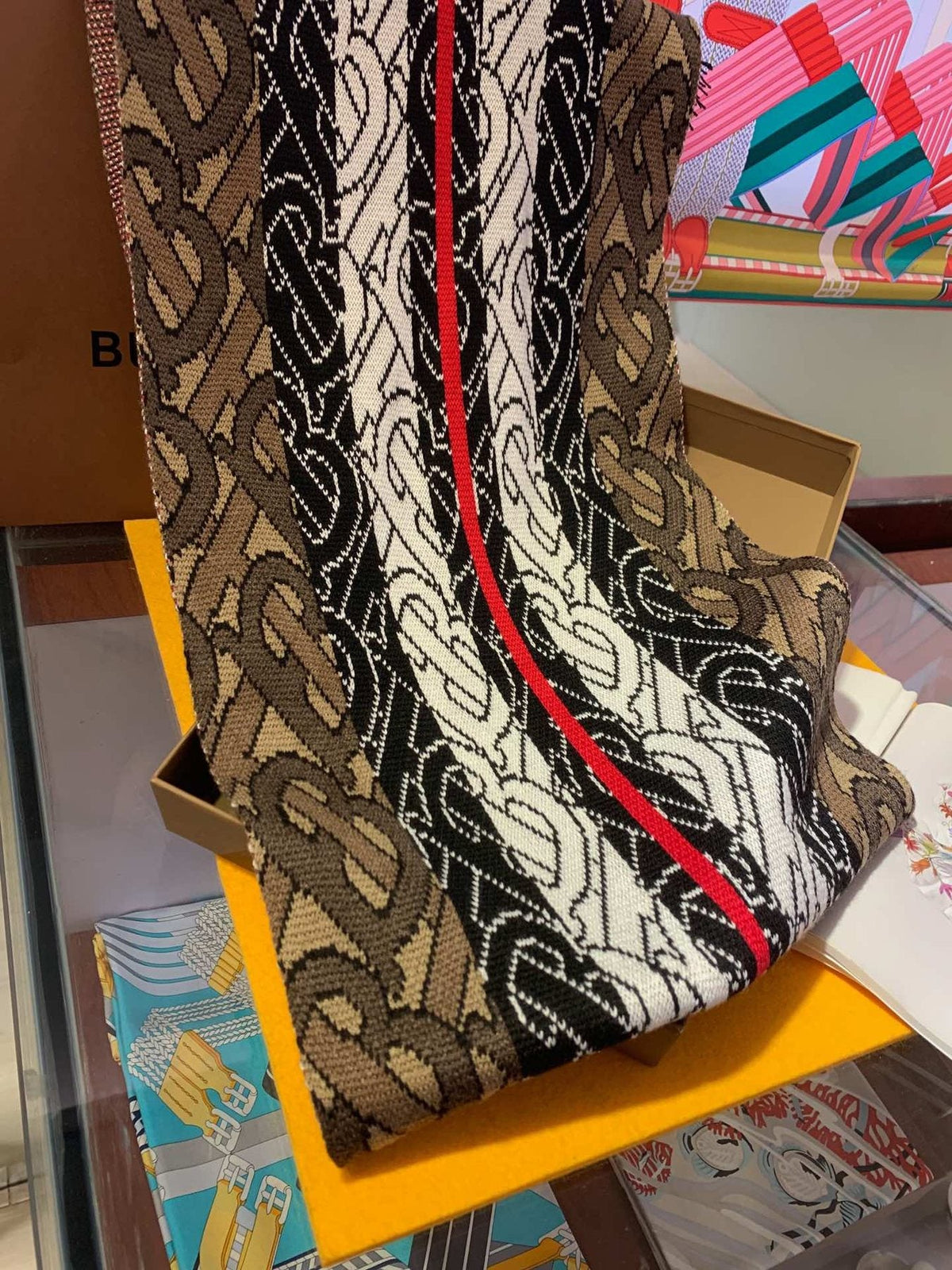 Burberry TB Monogram Fringed Scarf — detail
