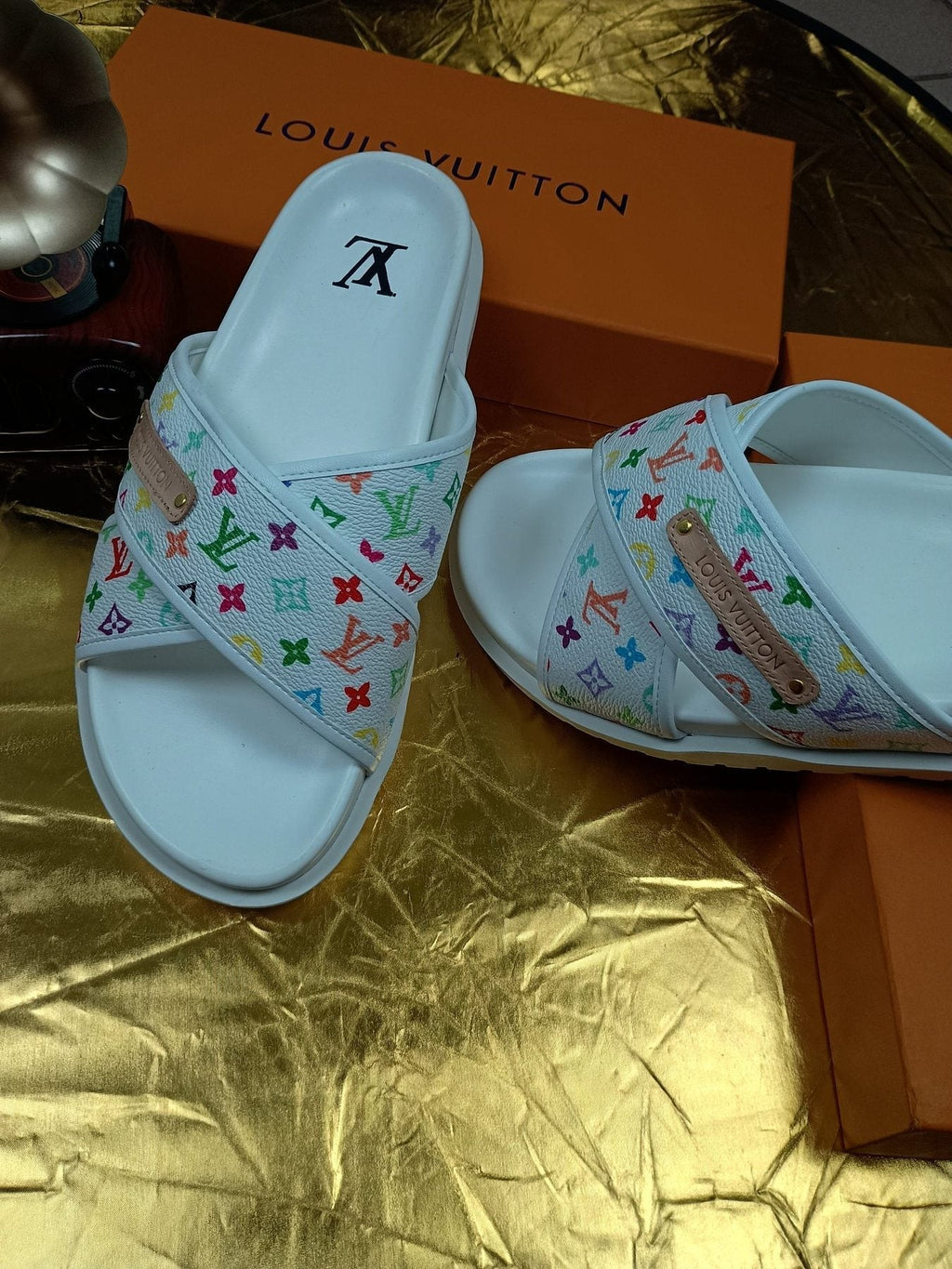 Louis Vuitton Multicolor Monogram Slide Sandals — side