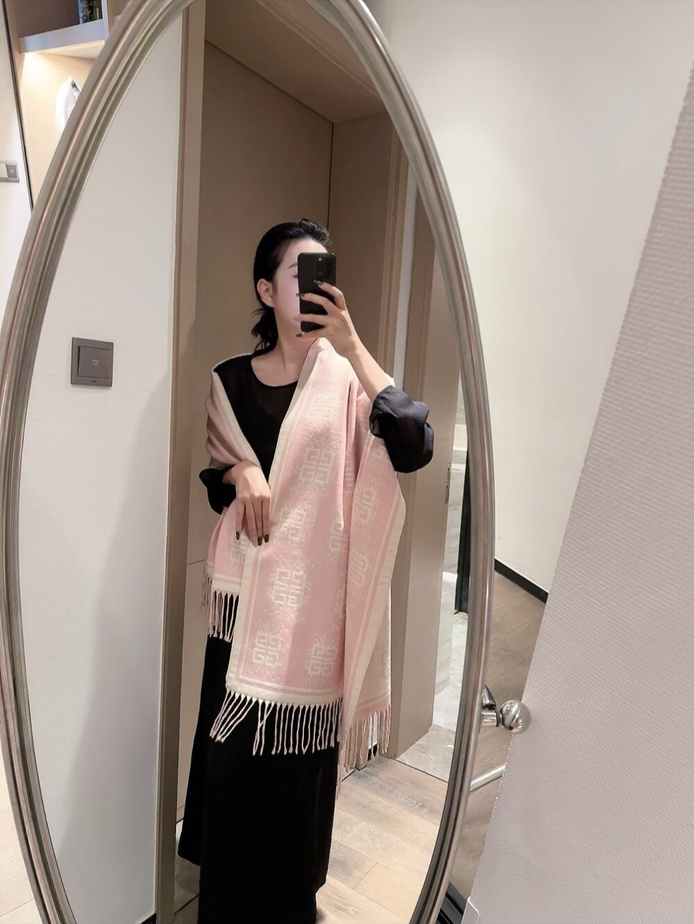 Givenchy Geometric Monogram Fringe Scarf — model