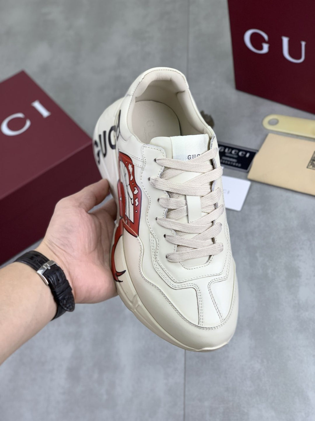 Gucci Cream White Graphic Chunky Sneakers — model