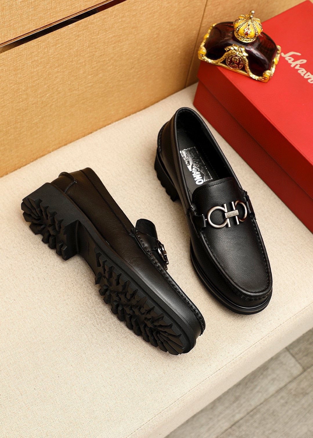 Ferragamo Black Hardware Loafers — side