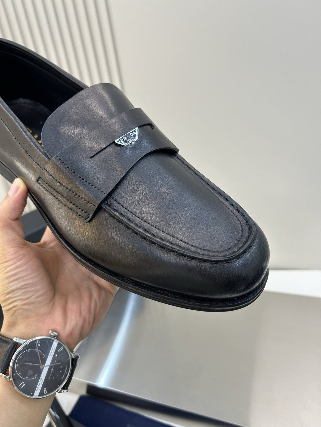 Prada Black Leather Penny Loafers — detail