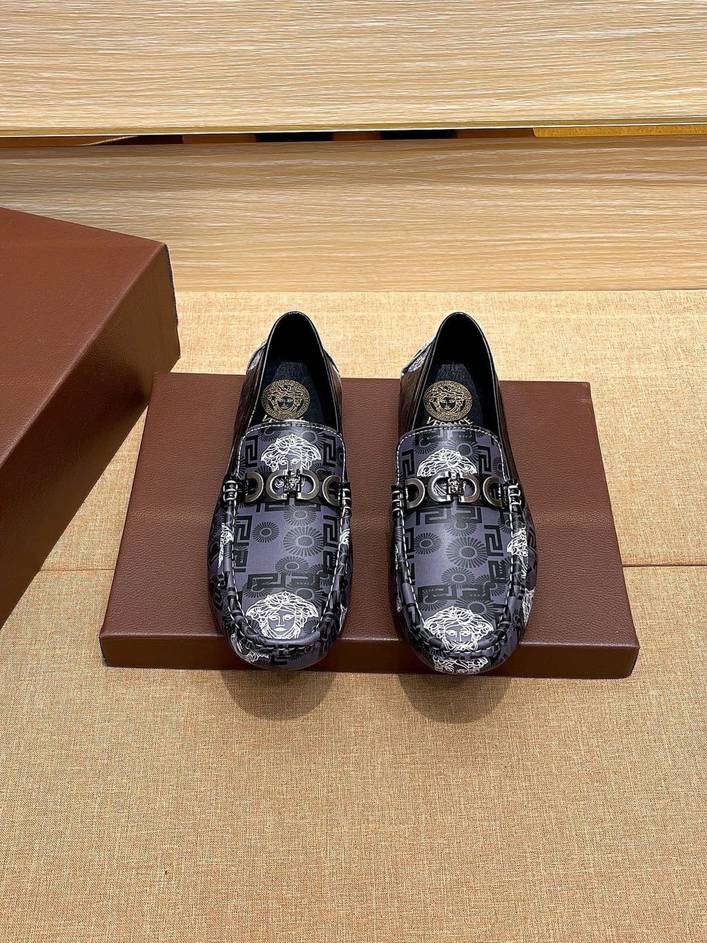 Versace Black and Gray Patterned Loafers — front