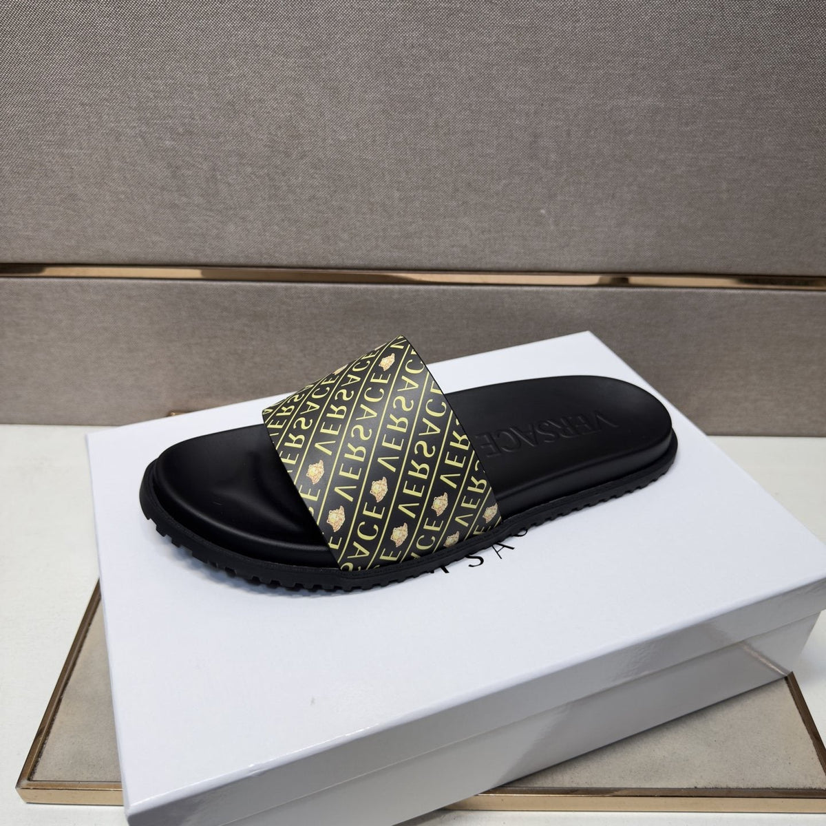Versace Patterned Strap Slide Sandals — front