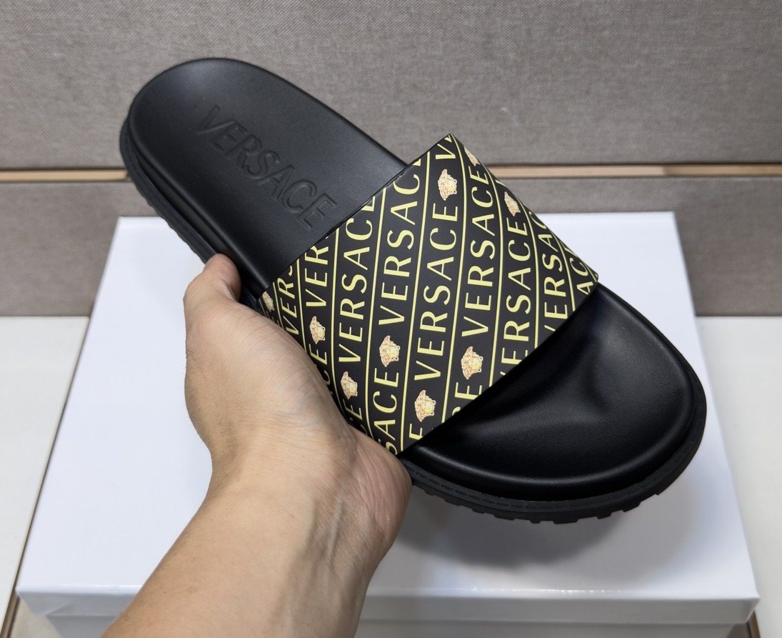 Versace Patterned Strap Slide Sandals — model