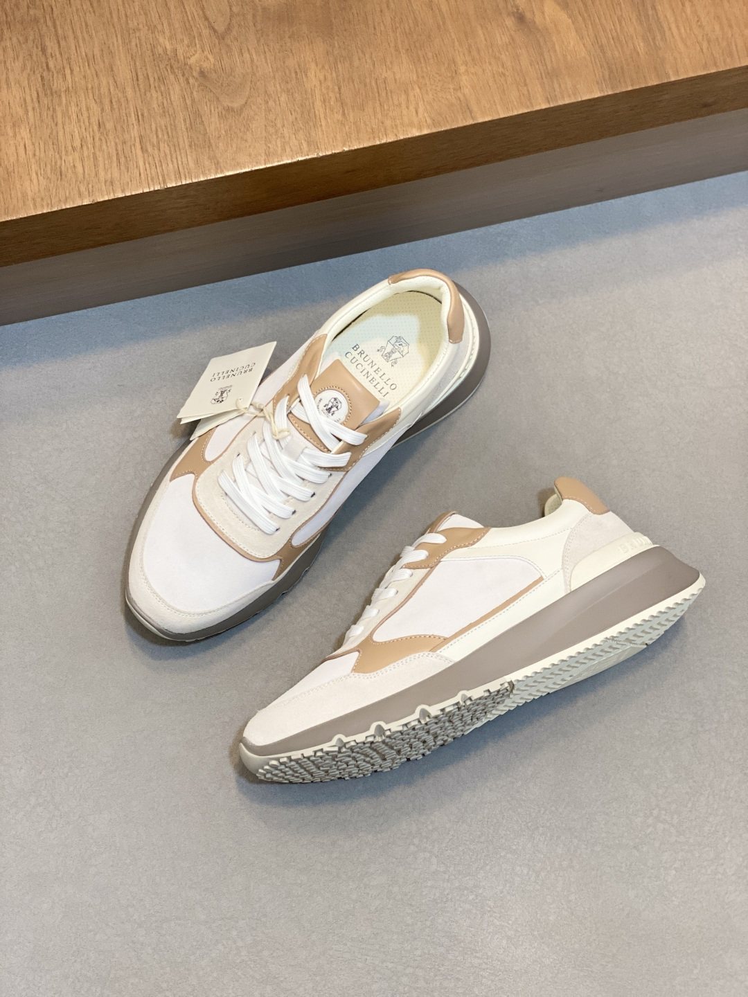 Brunello Cucinelli White and Beige Low-Top Sneakers — front