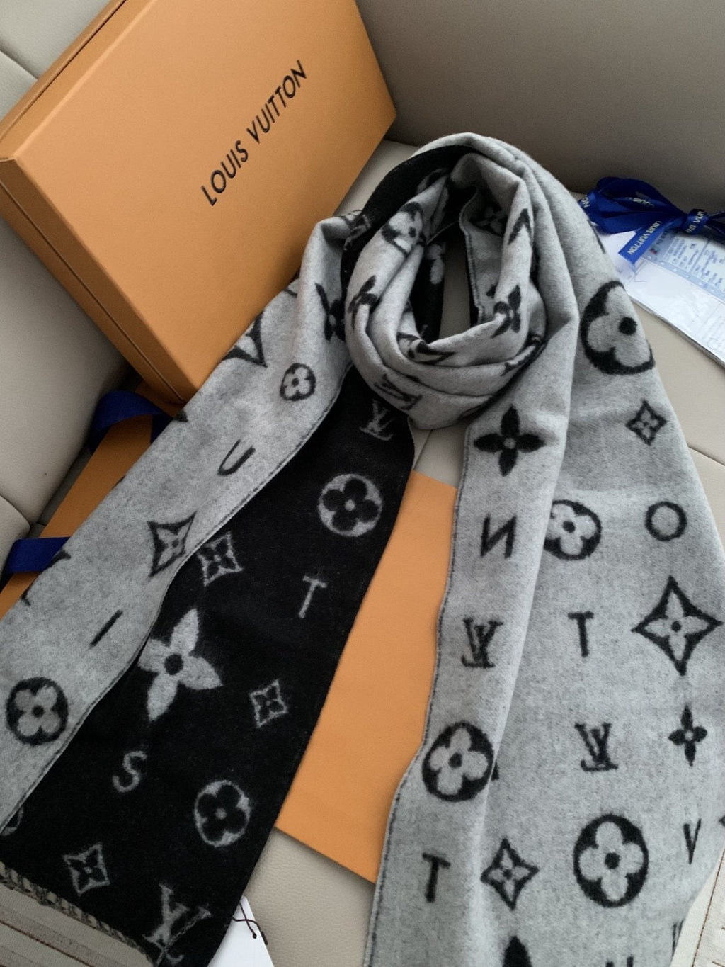 Louis Vuitton Reversible Monogram Fringe Scarf — side